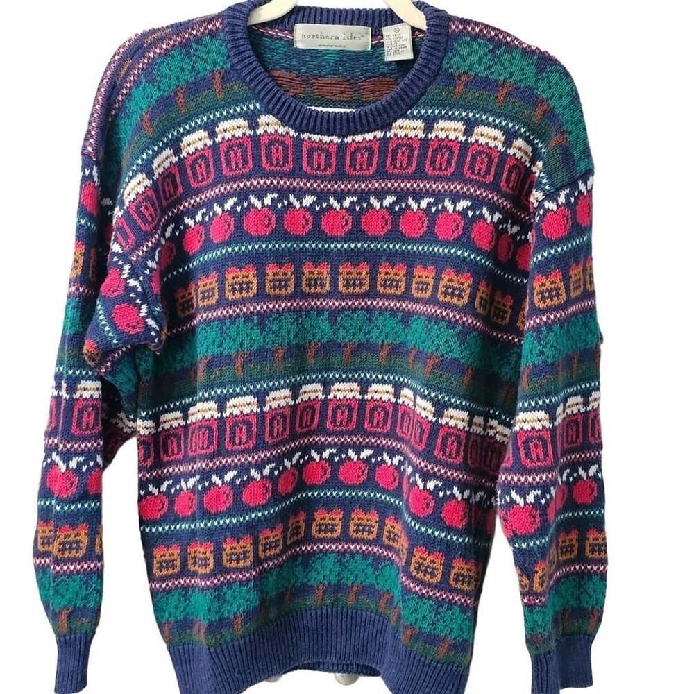 Vintage 90s Northern Isles Apple Novelty Knit Ramie Cotton Grandpa Sweater M